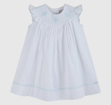 Load image into Gallery viewer, White and Blue Holy Smocked
Bishop Dress
