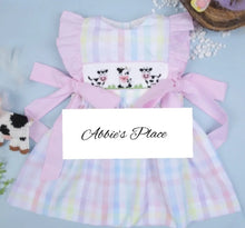 Load image into Gallery viewer, Cute Cow Hand Smocked Girl Bow Dress - Image #1
