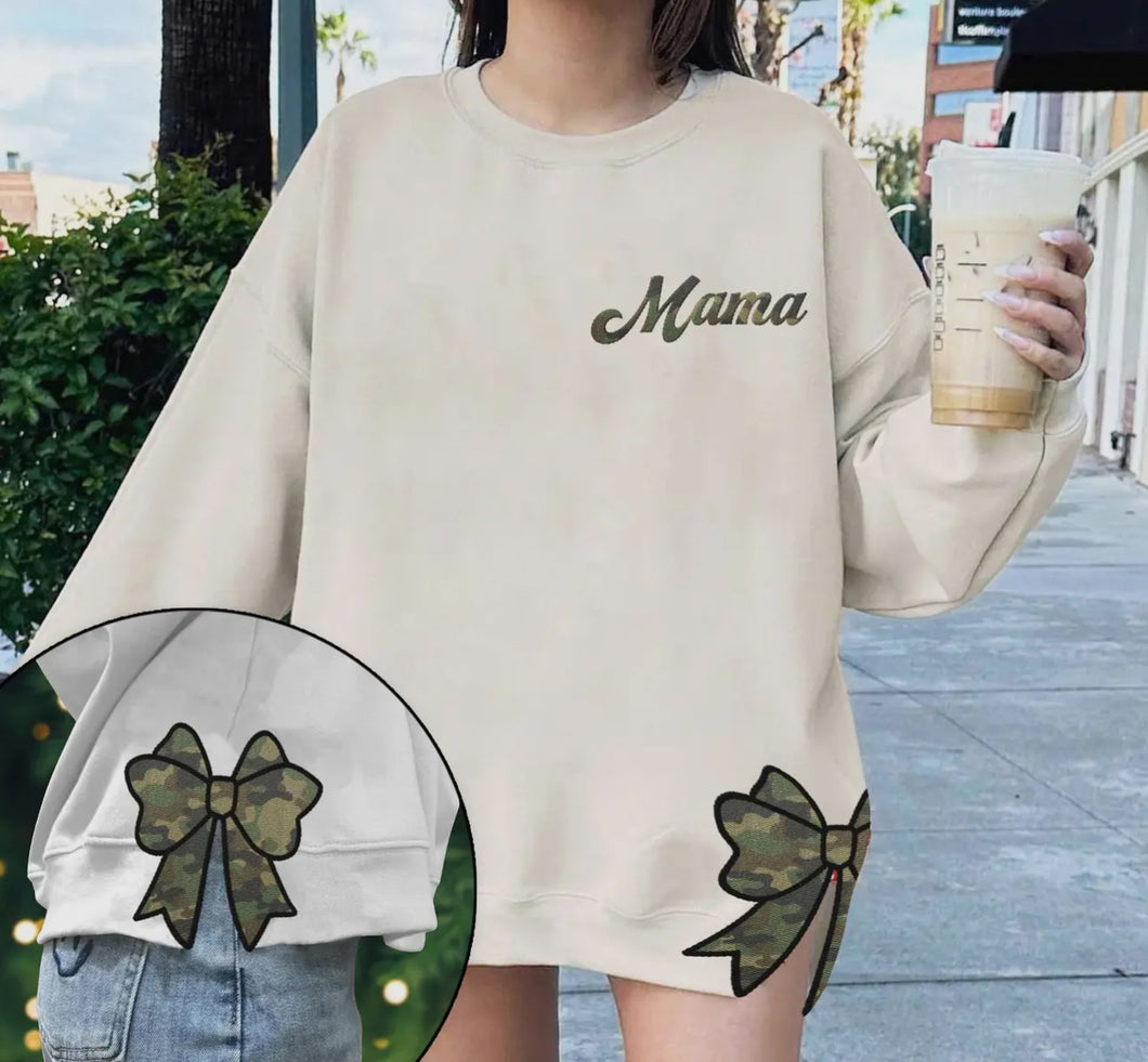 Hunting Mama Camo Bow, Embroidered Side Bow Sweatshirt