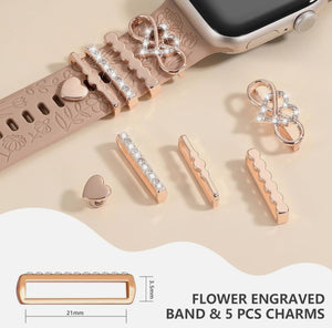 Flower Engraved Silicone Band Compatible with Apple Watch Bands for Women 40mm 38mm 41mm 42mm 44mm 45mm 46mm 49mm,Soft Band with Decorative Charms for iWatch Series 10 9 8 7 6 5 4 3 2 1 SE