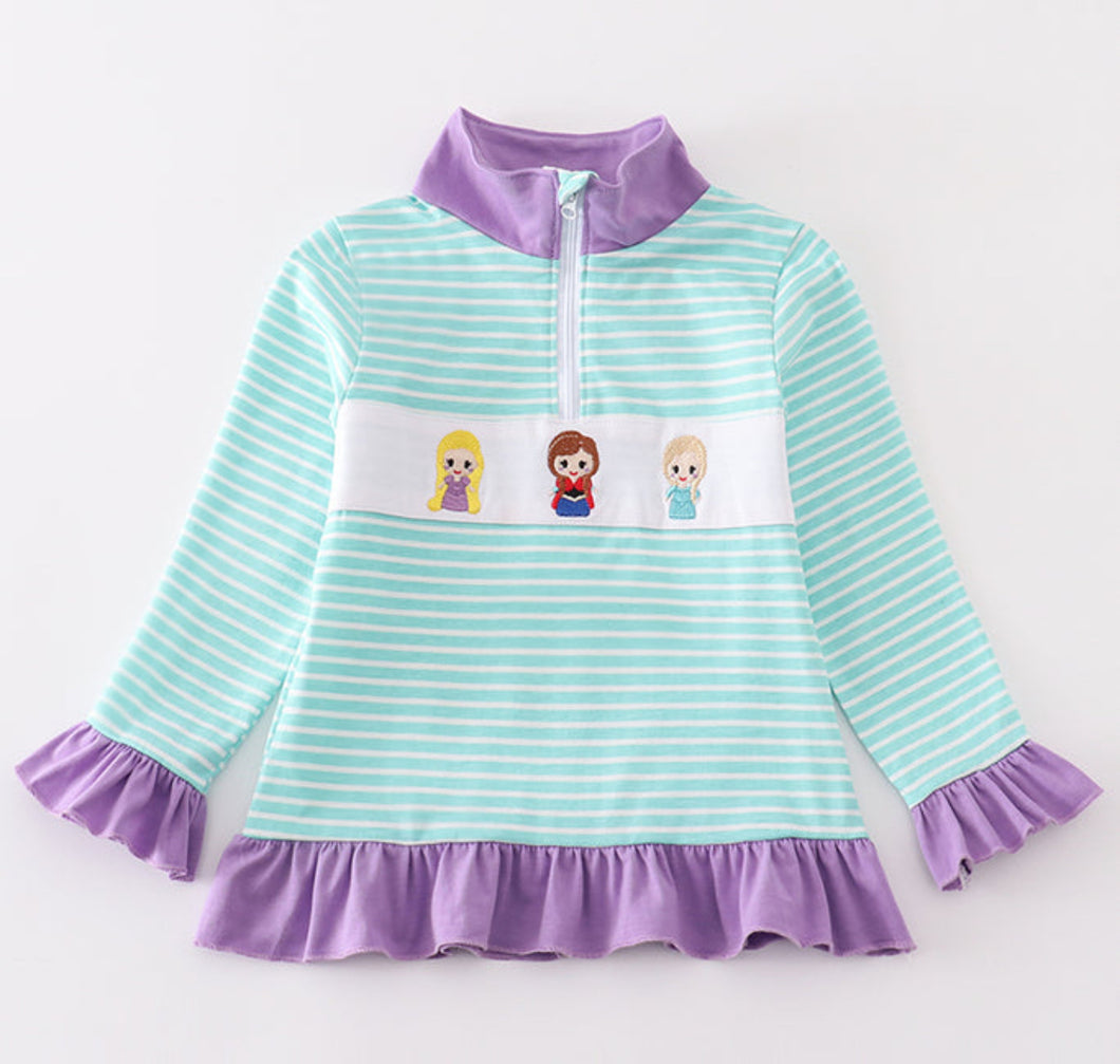 Green stripe princess embroidery girl pullover