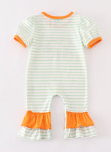 Load image into Gallery viewer, Orange wheelbarrow pumpkin applique stripe girl romper
