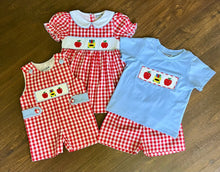 Load image into Gallery viewer, Ready to ship-Back To School Crayons And Apples Hand Smocked Gingham Baby Boys Shortalls - Image #7
