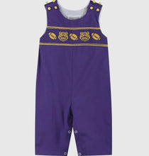 Load image into Gallery viewer, Preorder ETA 7/15-8/15-Purple and Gold Football Tiger Smocked Overalls - Image #1
