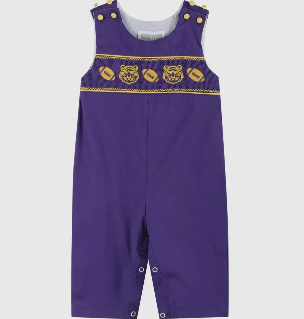 Preorder ETA 7/15-8/15-Purple and Gold Football Tiger Smocked Overalls - Image #1