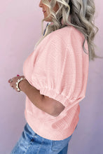 Load image into Gallery viewer, Light Pink Contrast Striped Collar Patchwork Textured Half Sleeve Blouse
