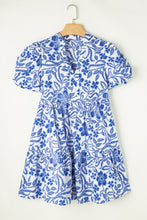 Load image into Gallery viewer, Blue Flower Print Puff Sleeve Tiered Dress
