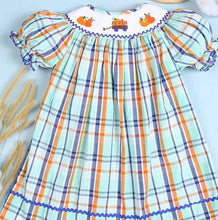 Load image into Gallery viewer, Pumpkin Truck Hand Smocked Bishop Dress - Image #1
