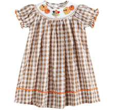 Load image into Gallery viewer, Light Brown Gingham Pumpkin Turkey Smocked Bishop Dress - Image #1
