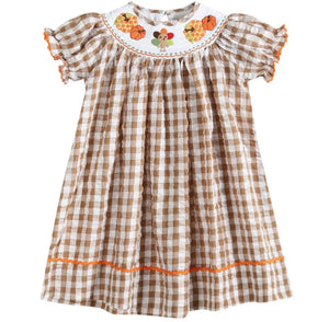 Light Brown Gingham Pumpkin Turkey Smocked Bishop Dress - Image #1