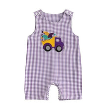 Load image into Gallery viewer, Lamuusaa Newborn Baby Girl Boy Mardi Gras Outfit Sleeveless Plaid Mardi Gras Dog/Truck Embroidery Romper Jumpsuit 0-18M (Purple, 3-6 Months)
