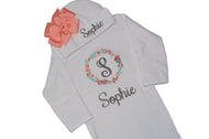 Personalized Baby Girl Outfit, Newborn Gown and Hat Monogrammed, Coral Aqua and Gray Flower Set