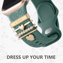 Load image into Gallery viewer, Flower Engraved Silicone Band Compatible with Apple Watch Bands for Women 40mm 38mm 41mm 42mm 44mm 45mm 46mm 49mm,Soft Band with Decorative Charms for iWatch Series 10 9 8 7 6 5 4 3 2 1 SE
