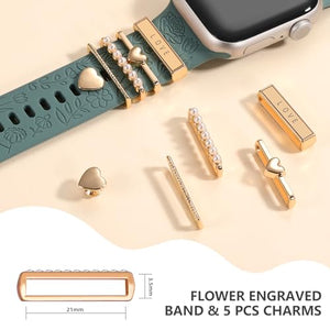 Flower Engraved Silicone Band Compatible with Apple Watch Bands for Women 40mm 38mm 41mm 42mm 44mm 45mm 46mm 49mm,Soft Band with Decorative Charms for iWatch Series 10 9 8 7 6 5 4 3 2 1 SE