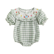 Infant Baby Girl Easter Outfit Newborn Bunny Bubble Smocked Romper Bodysuit Toddler Spring Plaid Rabbit Clothes (Green, 12-18 Months)