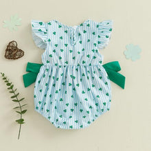 Load image into Gallery viewer, Baby Girl Valentines Day Outfit Newborn Heart Plaid Bubble Romper Bowknot Ruffle Bodysuit Smocked Baby Clothes (Irish Clover-Blue, 12-18 Months)
