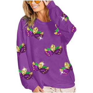 Fidiiog Womens Mardi Gras Sweatshirt Carnival Sequin Masks Graphic Shirt Crewneck Long Sleeve Loose Pullover Tops Purple Medium