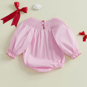 Toddler Baby Girl Smocked Bodysuit 3 6 12 18 24 Months 2T 3T Bow Embroidery Round Neck Long Sleeve Bubble Jumpsuit (Style 13, 6-12 Months)