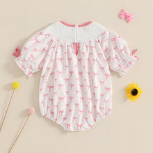 Load image into Gallery viewer, Baby Toddler Girl Summer Bodysuit 3 6 12 18 24 Months Short Sleeve Letter Embroidery Bow Print Smocked Bodysuit Playsuit (Style 15, 6-12 Months)
