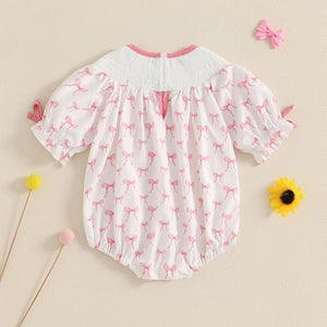 Baby Toddler Girl Summer Bodysuit 3 6 12 18 24 Months Short Sleeve Letter Embroidery Bow Print Smocked Bodysuit Playsuit (Style 15, 6-12 Months)