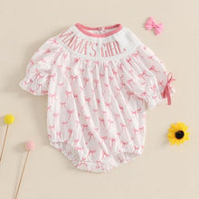 Load image into Gallery viewer, Baby Toddler Girl Summer Bodysuit 3 6 12 18 24 Months Short Sleeve Letter Embroidery Bow Print Smocked Bodysuit Playsuit (Style 15, 6-12 Months)
