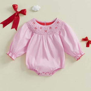 Toddler Baby Girl Smocked Bodysuit 3 6 12 18 24 Months 2T 3T Bow Embroidery Round Neck Long Sleeve Bubble Jumpsuit (Style 13, 6-12 Months)