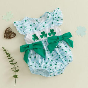 Baby Girl Valentines Day Outfit Newborn Heart Plaid Bubble Romper Bowknot Ruffle Bodysuit Smocked Baby Clothes (Irish Clover-Blue, 12-18 Months)