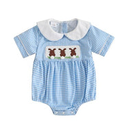 Easter Outfit Newborn Baby Girl Boy Easter Romper Bodysuit Plaid Short Sleeve Jumpsuit Easter Clothes (Blue, 12-18 Months)