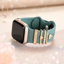 Load image into Gallery viewer, Flower Engraved Silicone Band Compatible with Apple Watch Bands for Women 40mm 38mm 41mm 42mm 44mm 45mm 46mm 49mm,Soft Band with Decorative Charms for iWatch Series 10 9 8 7 6 5 4 3 2 1 SE
