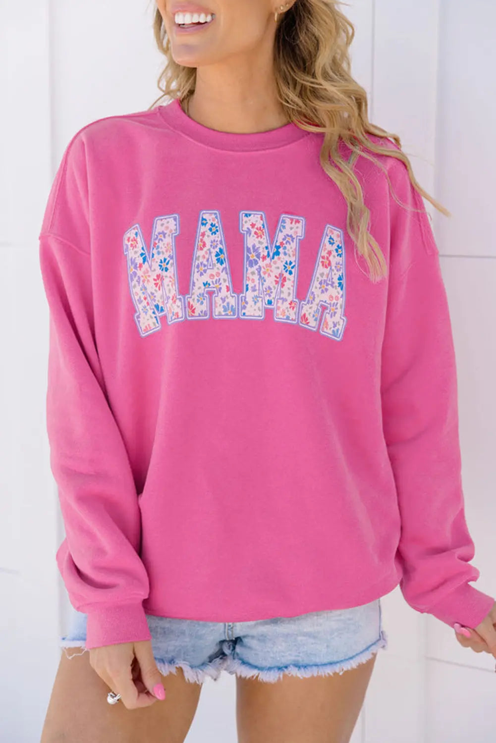 Rose Red Floral MAMA Embroidered Graphic Pullover Sweatshirt - Image #1