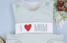 Load image into Gallery viewer, I Love Mom Hand Smocked Boy Shortalls-size chart attached with pictures - Image #2
