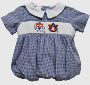 Auburn Tigers Smocked Navy Gingham Short Sleeve Boys Bubble - Image #1