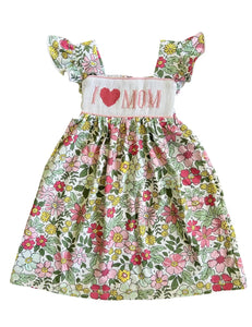 I love Mom Floral Hand Smocked Girl Dress - Image #1