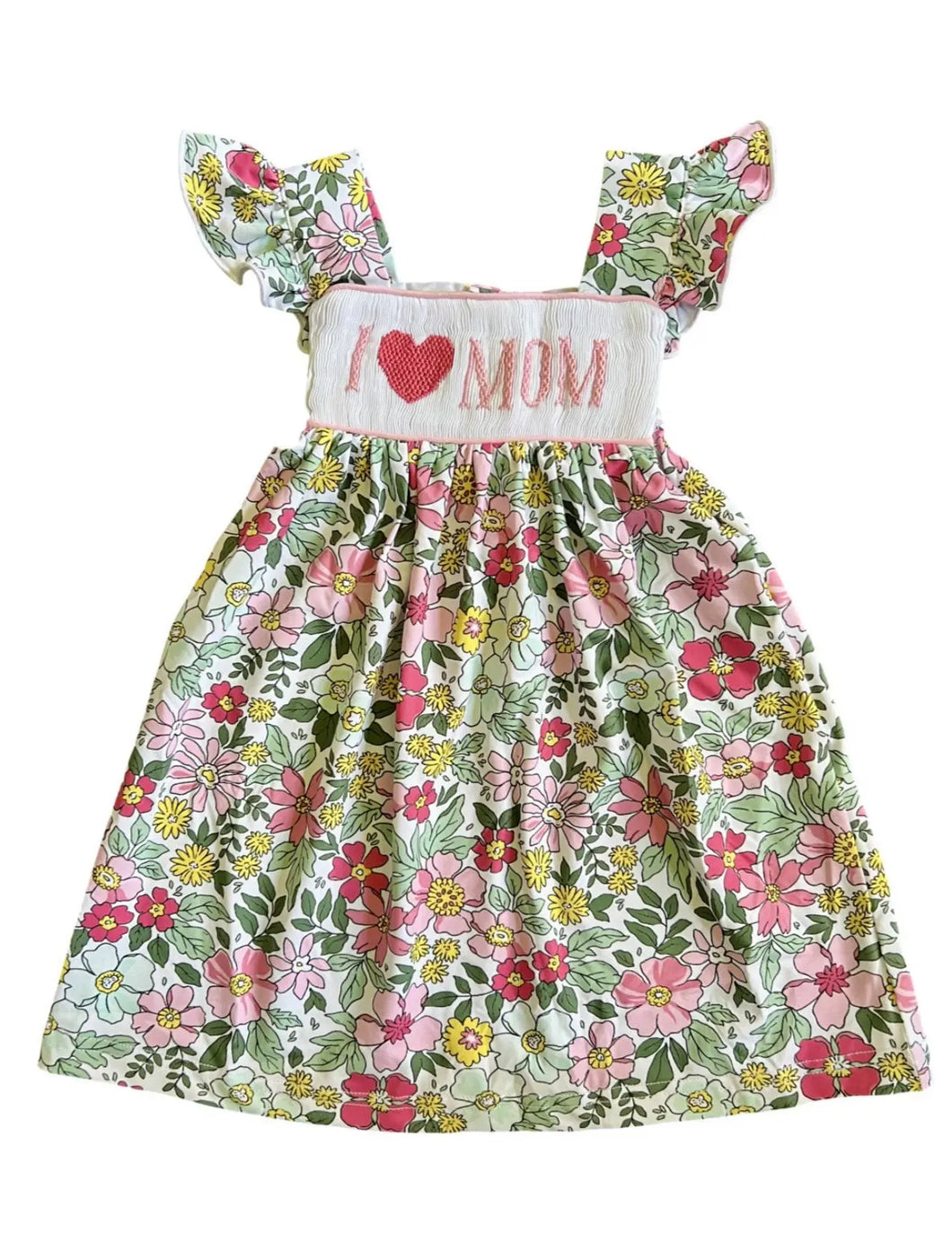 I love Mom Floral Hand Smocked Girl Dress - Image #1