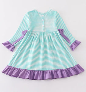 Green stripe princess embroidery girl dress