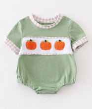 Load image into Gallery viewer, Green plaid french knot pumpkin boy bubble - Image #1
