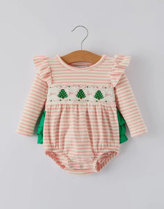 Christmas Tree Smocked Embroidery Stripe Baby Girls Romper-Ships 10/10