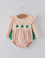Christmas Tree Smocked Embroidery Stripe Baby Girls Romper-Ships 10/10