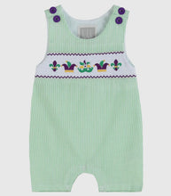 Load image into Gallery viewer, Green and Purple Mardi Gras Smocked Baby Shortalls
