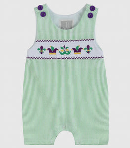 Green and Purple Mardi Gras Smocked Baby Shortalls