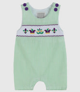 Green and Purple Mardi Gras Smocked Baby Shortalls