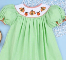 Load image into Gallery viewer, Smocked Turkeys Thanksgiving Lime Green Dress
