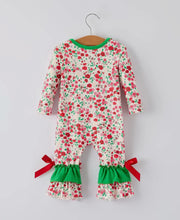 Load image into Gallery viewer, Christmas Santa Applique Baby Girls Floral Long Sleeve Ruffle Romper with Bow Ties-Ships by 10/1
