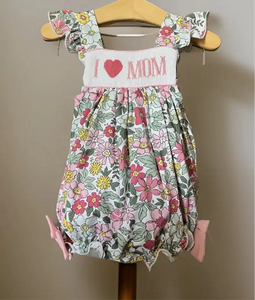 I love Mom Floral Hand Smocked Girl Bubble - Image #5