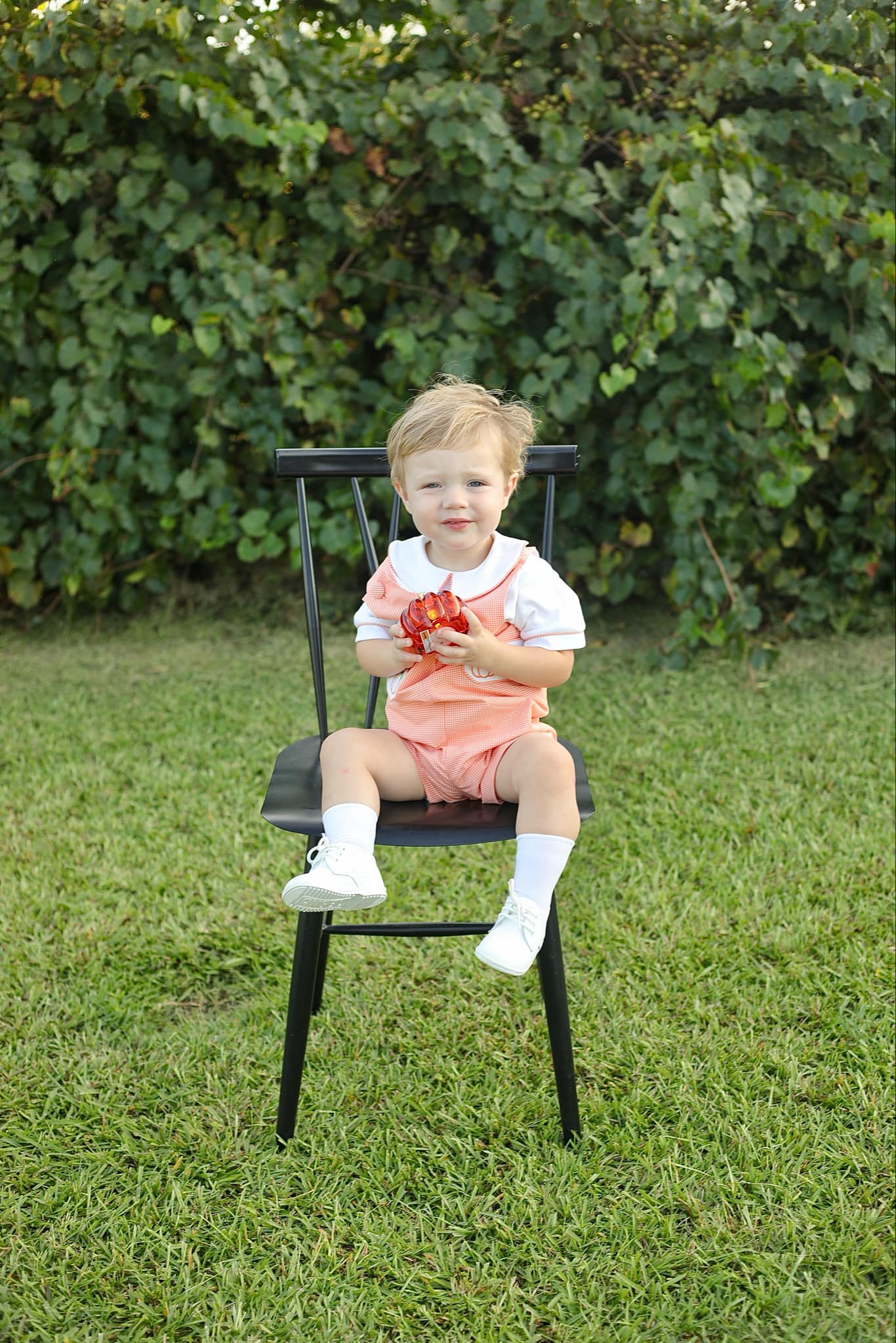 Proper Pumpkins Orange Gingham Shortall and Shirt Set with Pumpkin Embroidered Tabs