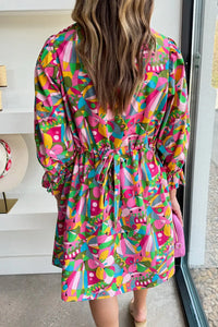 Pink Abstract Printed Lantern Sleeve Buttoned Mini Dress - Image #2