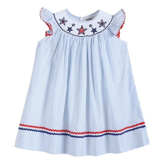4th of July Blue Striped Stars Smocked Bishop Dress - Abbies Place
