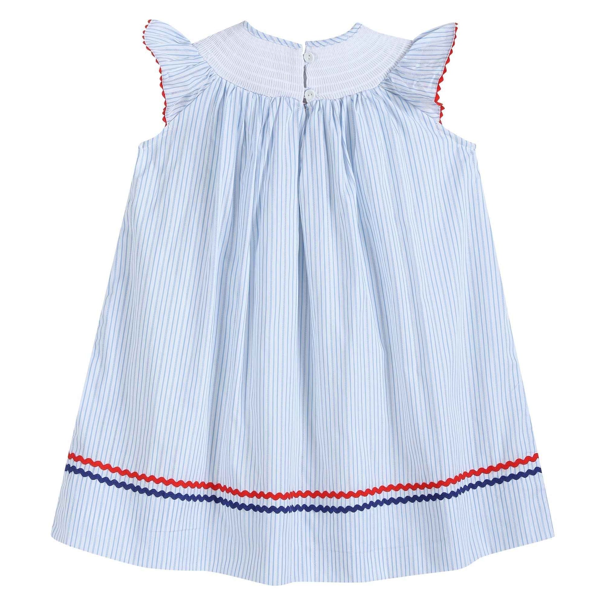 4th of July Blue Striped Stars Smocked Bishop Dress - Abbies Place