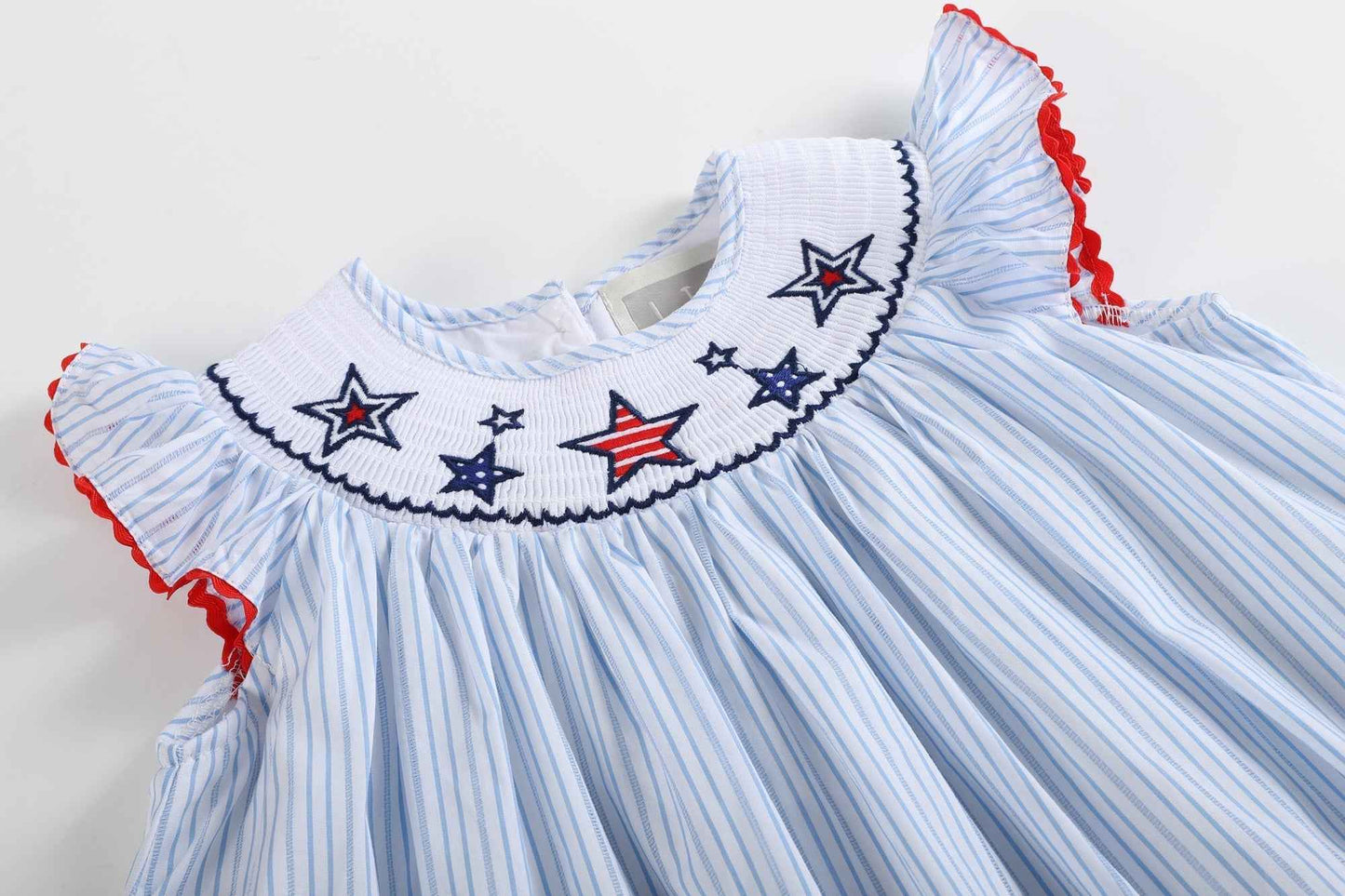 4th of July Blue Striped Stars Smocked Bishop Dress