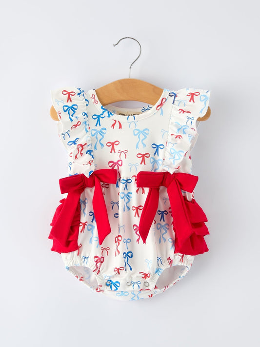 4th of july Bow Print Baby Girl Romper With Ruffle Details - Abbies Place